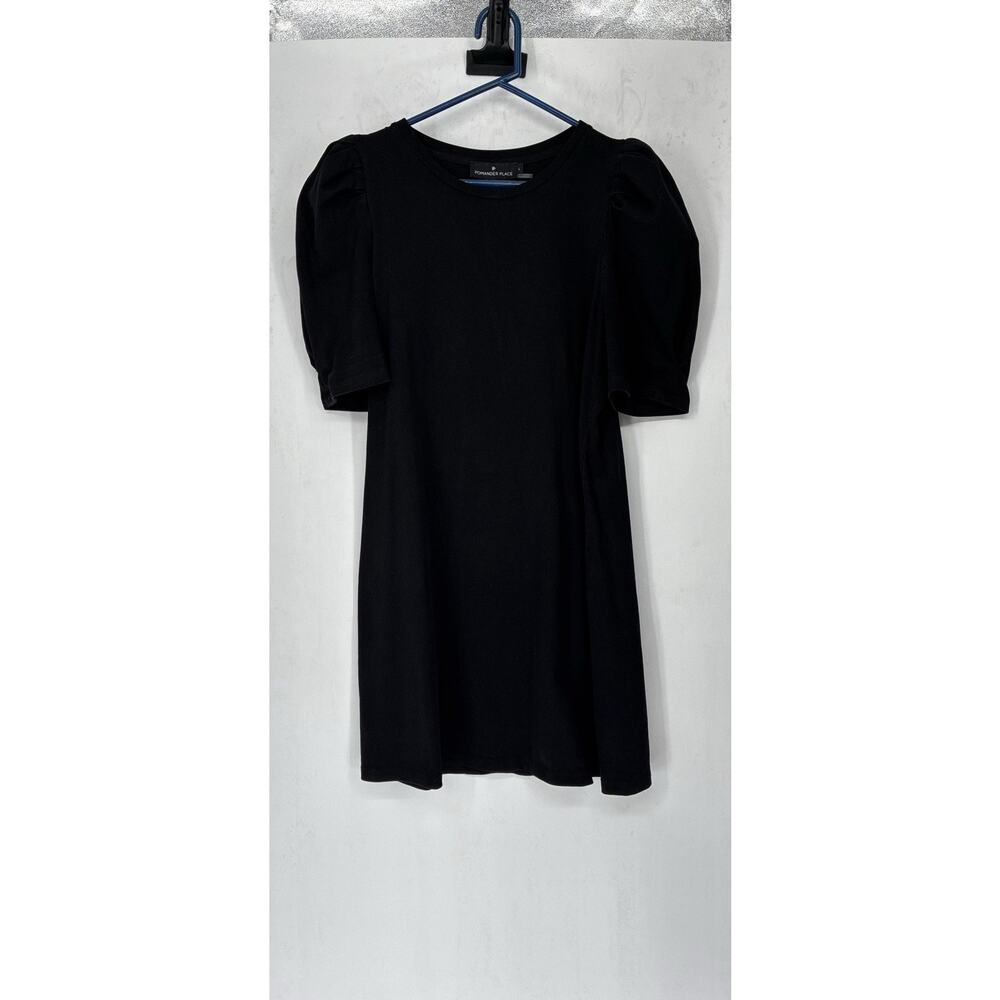 Pomander Place Black Puff Slv Cotton Shift Dress Lg Minimalist Quiet Luxury - Picture 2 of 8